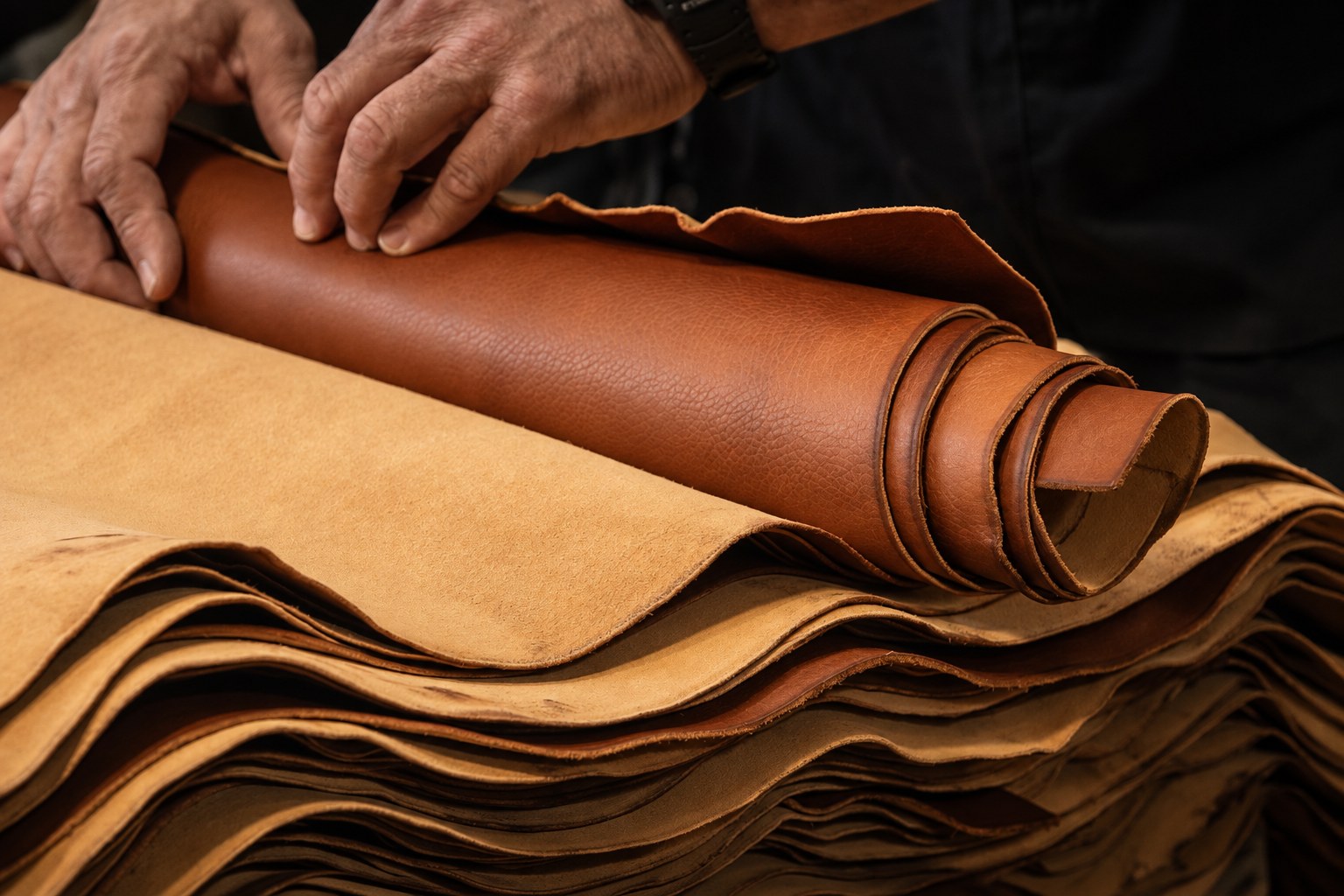 Craftsman handling leather