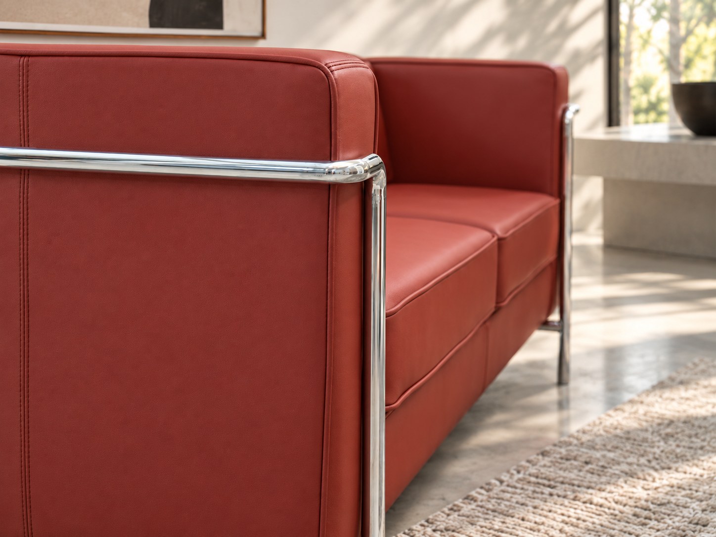 Red sofa chrome frame detail